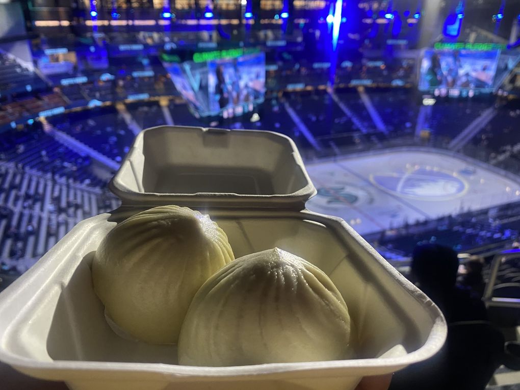 Din Tai Fung serves a limited menu at Climate Pledge Arena, including these kurobuta pork buns — certainly not your standard arena fare.  (Trevor Lenzmeier / The Seattle Times)