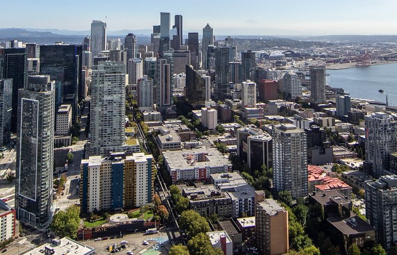 Downtown Seattle seen from the Space Needle on Thursday, Sept. 16, 2021. (Amanda Snyder / The Seattle Times)