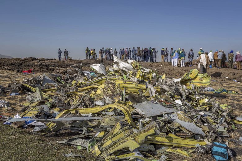 Wreckage at the crash scene of Ethiopian Airlines Flight 302 near Bishoftu, Ethiopia, in March 2019. (Mulugeta Ayene / AP)