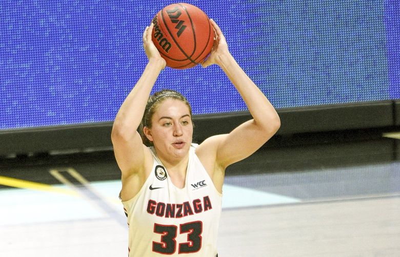 Gonzaga forward Melody Kempton (33) looks to pass against BYU during the second half of an NCAA college basketball game in the WCC women’s tournament championship Tuesday, March 9, 2021, in Las Vegas. NVDBxxx
