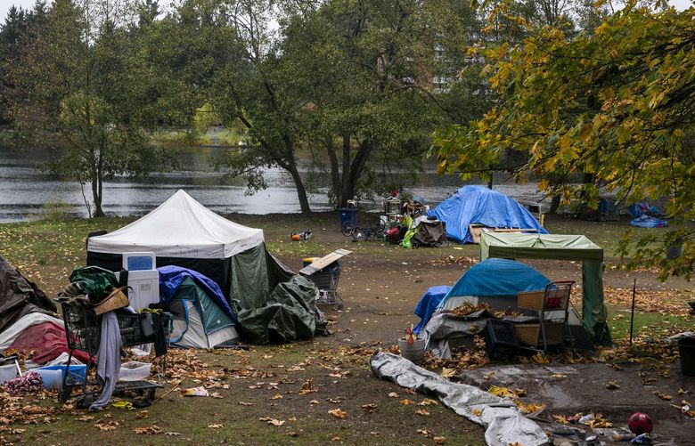 Homeless camp at Bitter Lake on Monday, Nov. 1, 2021. About 66 people live at the site. 

King County bought a hotel a little ways away, which will house some of the people living at the site.