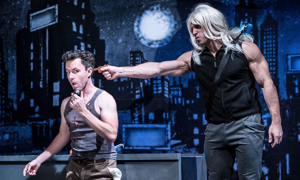 Jason Marr (left) and Hisam Goueli in “A Very Die Hard Christmas” at Seattle Public Theater. (Truman Buffett)