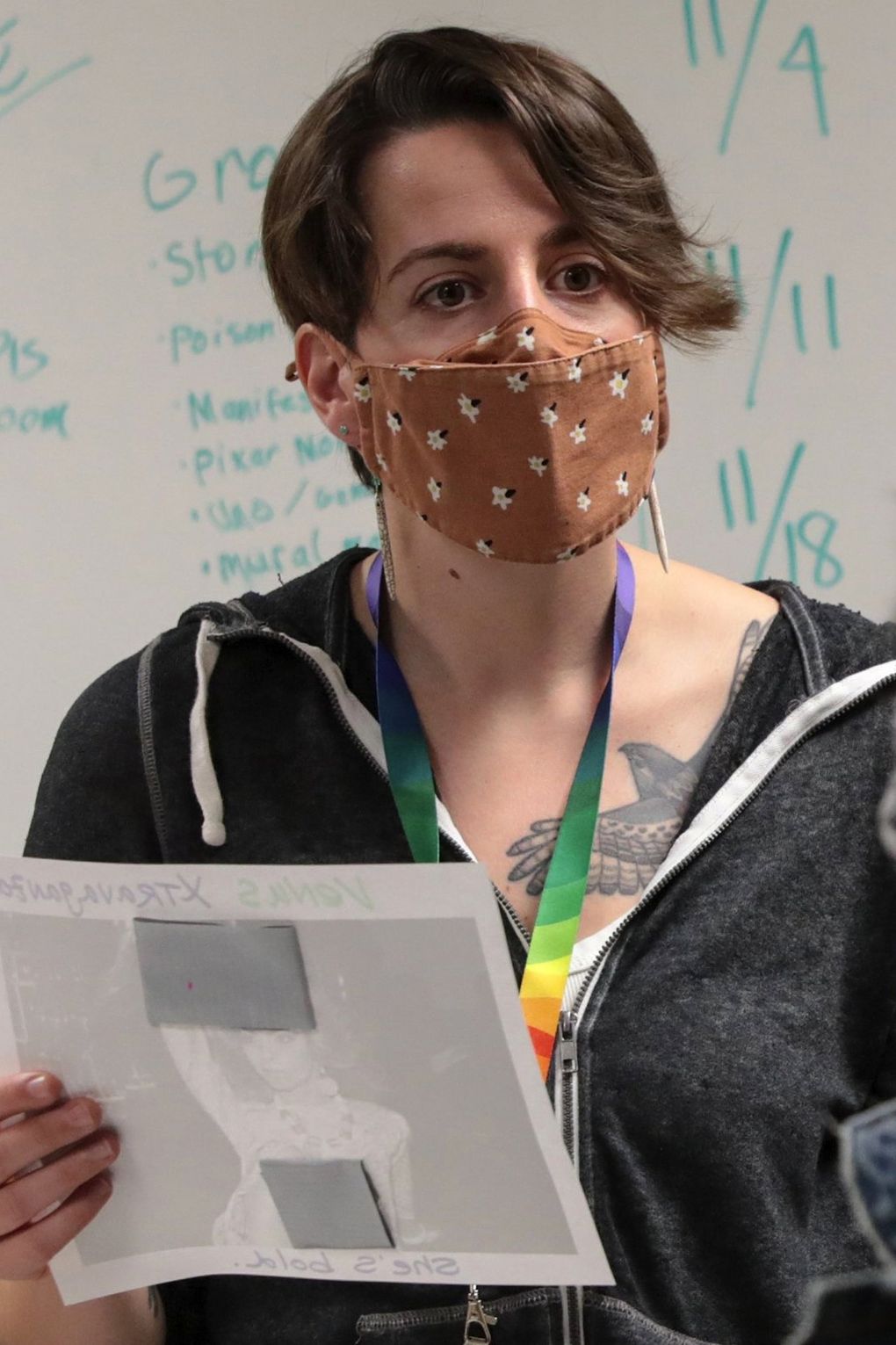 Jaimie Lyon, a youth and family art therapist, co-facilitates a weekly arts-focused LGBTQ+ support group for young people at Kent Youth and Family Services, one of the 13 agencies that benefit from reader donations to The Seattle Times Fund for Those in Need. (Bettina Hansen / The Seattle Times)