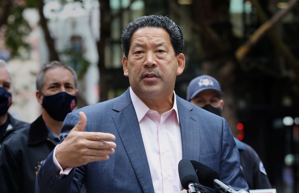 Seattle Mayor-elect Bruce Harrell speaks at a campaign news conference about public safety in Occidental Square on Sept. 28, 2021. (Ellen M. Banner / The Seattle TImes, File)