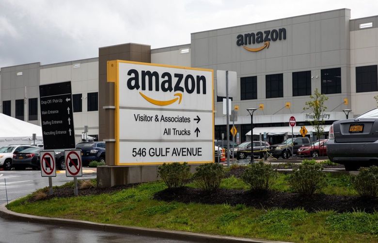 Signage is displayed outside the Amazon.com Inc. facility in the Staten Island borough of New York. 