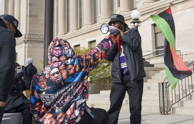 Justin Blake, uncle of Jacob Blake, speaks at a protest on the first day of Kyle Rittenhouse’s murder trial at the Kenosha County Courthouse in Wisconsin on Nov. 1. MUST CREDIT: Photo for The Washington Post by Youngrae Kim TRANSMISSION REFERENCE HERE