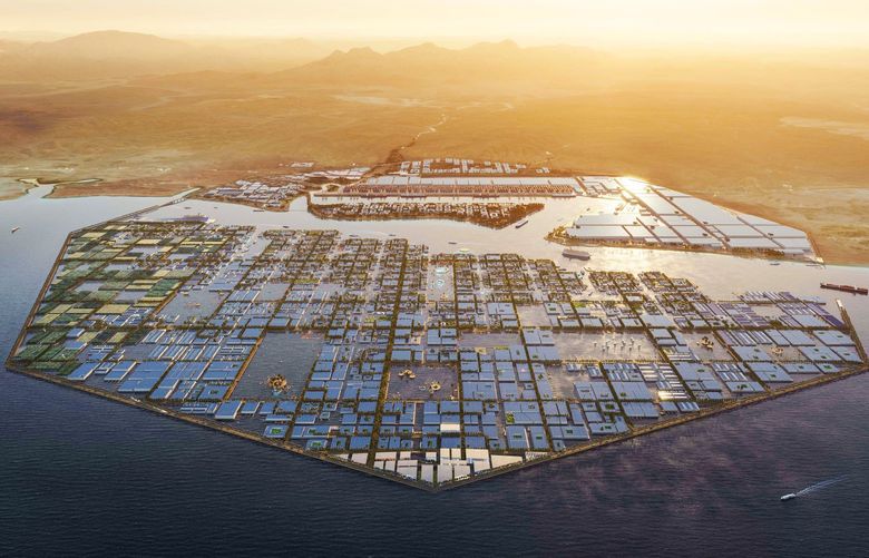 A rendering for Neom’s Oxagon project.