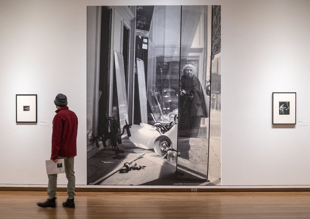 Imogen Cunningham’s 1958 photograph “Self-Portrait on Geary Street” is part of a retrospective of the Seattle photographer’s work at Seattle Art Museum that’s on display through Feb. 6, 2022.  (Steve Ringman / The Seattle Times)