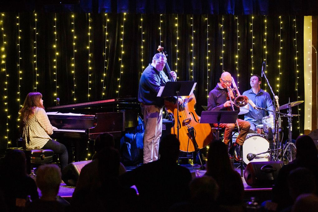 Julian Priester, on trombone, with Dawn Clement, piano; Byron Vannoy, drums; and Geoff Harper, bass, at The Royal Room in Seattle in 2017. The 86-year-old trombonist is an artist-in-residence for the Seattle Jazz Fellowship. (Jim Levitt)