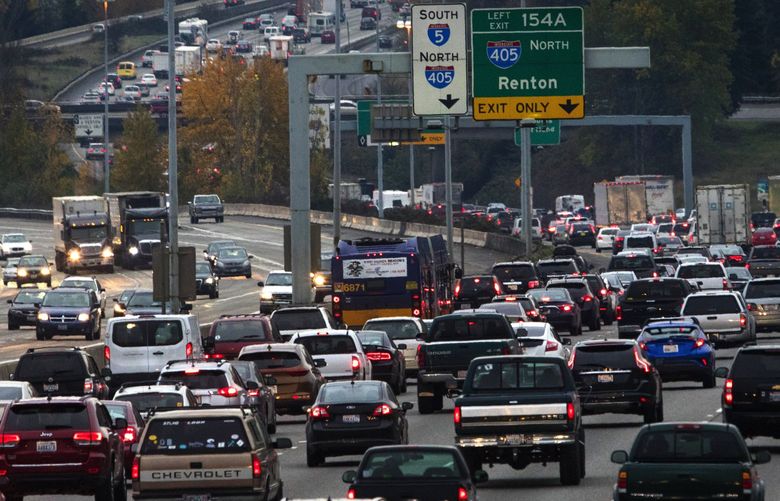 Traffic on I-5 heading southbound is very heavy around 3:30 p.m. in Tukwila near Hwy. 518 as drivers head out of town a day before the Thanksgiving holiday, Wednesday, November 21, 2018. 208551 208551