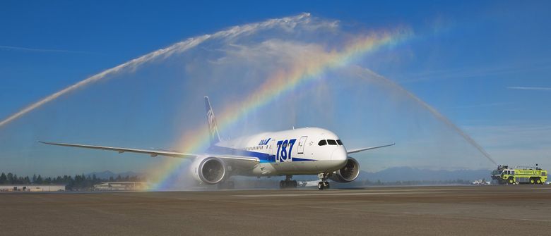 A Boeing 787 Dreamliner is celebrated at Sea-Tac after making a nonstop flight from Tokyo. Here it’s given a “turret salute” as it arrived and made its way to the gate. (Mike Siegel / The Seattle Times, 2012)