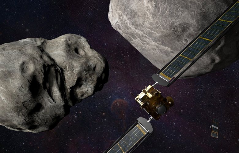 An artist’s rendering provided by NASA/Johns Hopkins/APL shows the DART spacecraft about to collide with Dimorphos, a football-field-sized asteroid that closely orbits a bigger asteroid, called Didymos, every 11 hours and 55 minutes. An early morning liftoff kicks off DART, NASA’s first mission to test a spacecraft that could one day save Earth from a deadly space rock. (NASA/Johns Hopkins/APL via The New York Times) — FOR EDITORIAL USE ONLY. — XNYT77 XNYT77