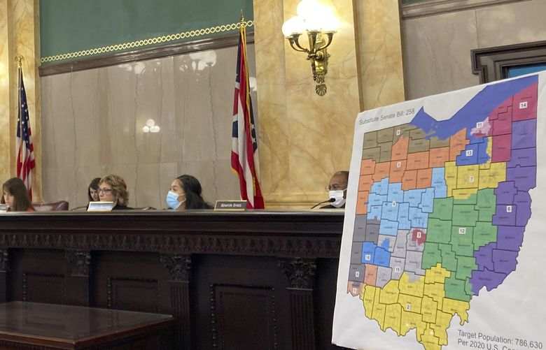 Members of the Ohio Senate Government Oversight Committee hear testimony on a new map of state congressional districts on Tuesday, Nov. 16, 2021, at the Ohio Statehouse in Columbus, Ohio. (AP Photo/Julie Carr Smyth) RPJS101 RPJS101