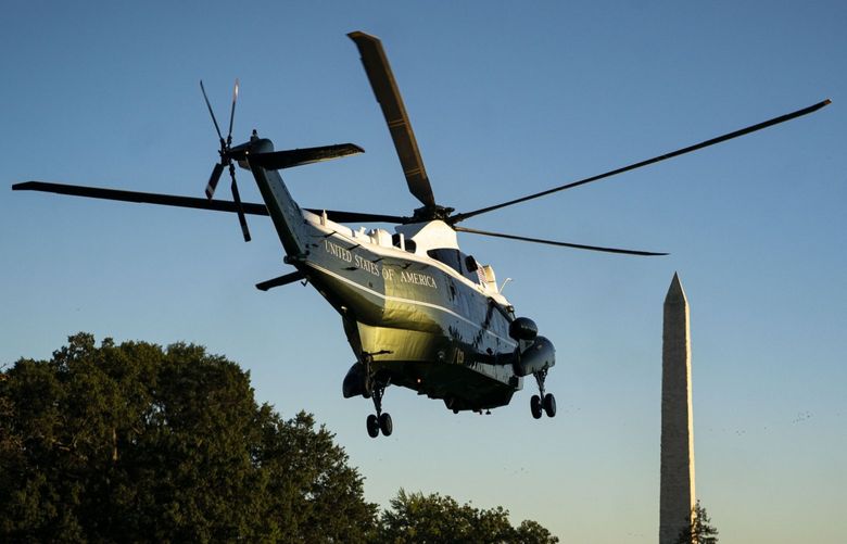 Marine One, carrying U.S. President Joe Biden, departs on the South Lawn of the White House in Washington, D.C., on Sept. 24, 2021. MUST CREDIT: Bloomberg photo by Al Drago.