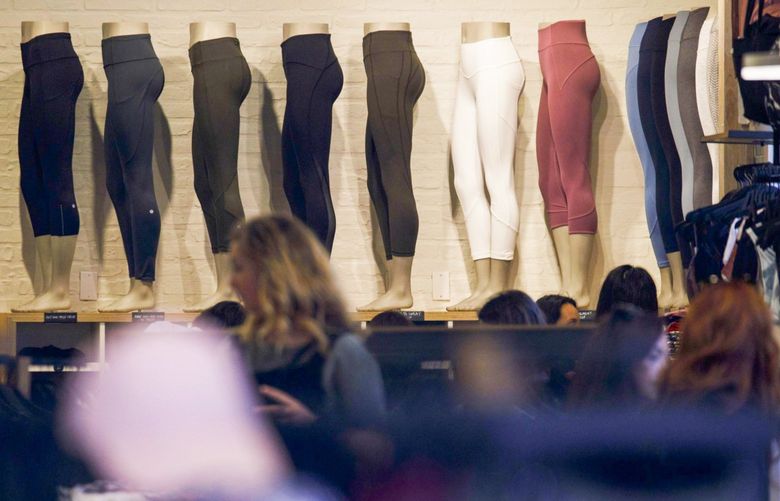 In this  March 25, 2019, file photo, leggings are displayed for sale at a Lululemon store in Santa Monica, Calif. Lululemon filed a lawsuit against the fitness company Peloton on Monday, Nov. 29, 2021, accusing it of patent infringement over the designs of a new line of leggings and sports bras. 775320712