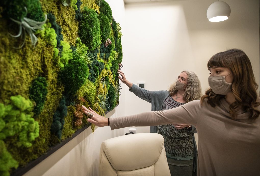 Bridget Carnahan, left and Miaya Kilbarger touch the living moss wall at the entrance to  Field Trip Health in Seattle that treats patients with the drug ketamine to assist in therapy for mental illness and depression. (Steve Ringman / The Seattle Times)