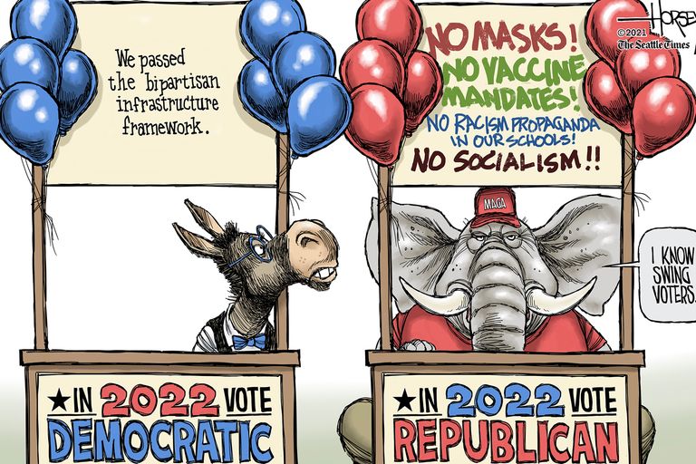 Democratic Donkey and Republican Elephant in booths advertising for votes.  The banner over the Democratic both reads, 