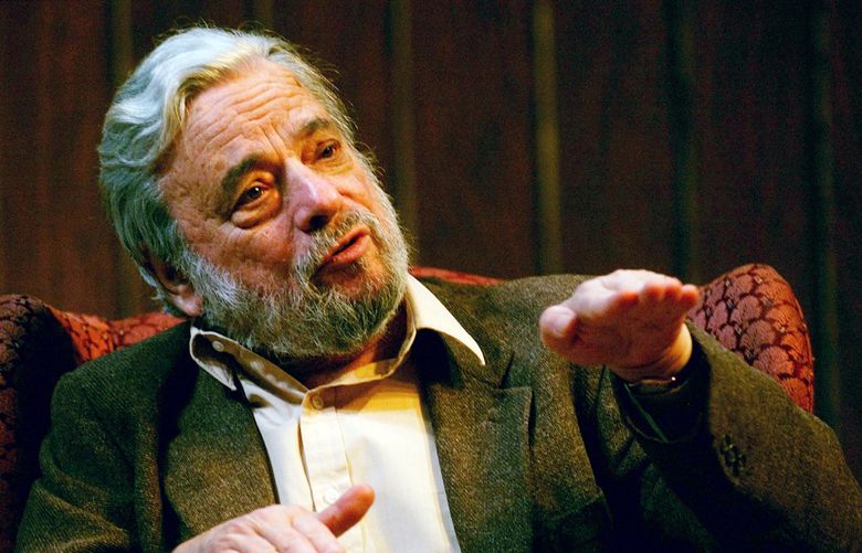 Composer and lyricist Stephen Sondheim gestures during a gathering at Tufts University in Medford, Mass., on April 12, 2004. Sondheim, the songwriter who reshaped the American musical theater in the second half of the 20th century, has died at age 91. Sondheim’s death was announced by his Texas-based attorney, Rick Pappas, who told The New York Times the composer died Friday, Nov. 26, 2021, at his home in Roxbury, Conn. (AP Photo/Charles Krupa, File)