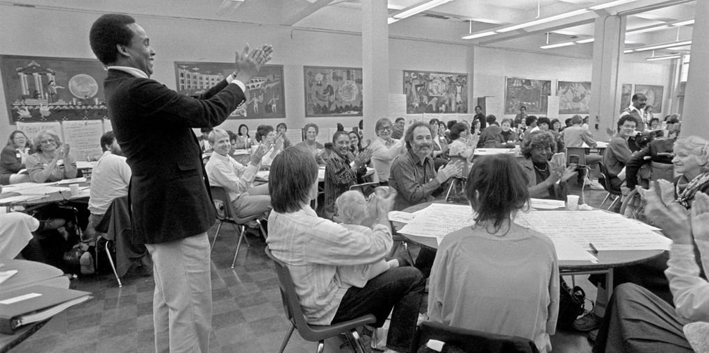 Seattle Mayor Norm Rice visited Garfield High School to applaud the participants in the Seattle Education Summit, who in turn applauded his efforts, on March 20, 1990. (Mark Harrison / The Seattle Times, File)