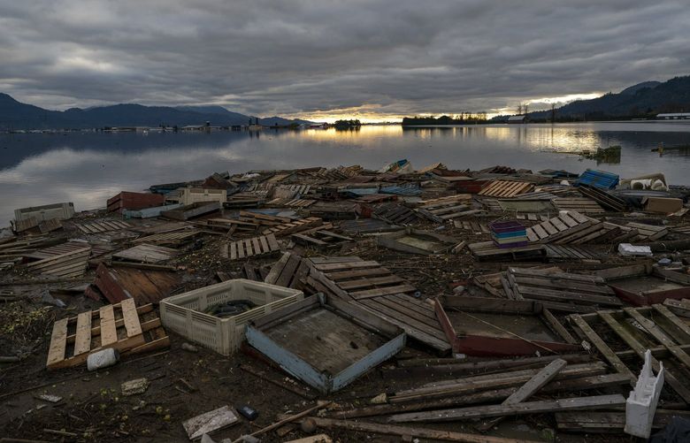 Debris is piled up as farms are surrounded by flood waters caused by heavy rains and mudslides in Abbotsford, British Columbia, Friday, Nov. 19, 2021. (Jonathan Hayward/The Canadian Press via AP) JOHV127 JOHV127