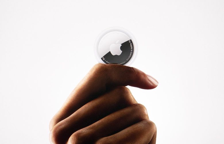 The AirTag tracking device was introduced during a virtual event for new Apple products in April. (AP Photo / Jae C. Hong)