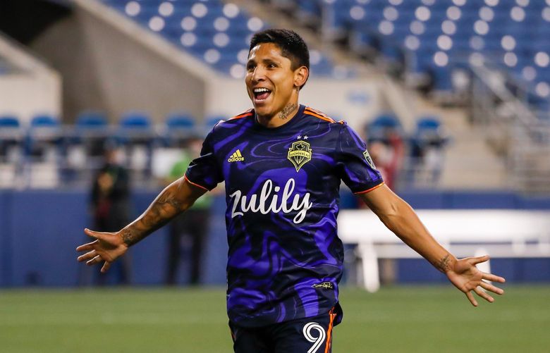 Lumen Field – Seattle Sounders vs. Santos Laguna – Leagues Cup – 091421
Seattle Sounders FC forward Raul Ruidiaz celebrates his game winning goal in stoppage time during the second half Sept. 14, 2021, in Seattle. 218207