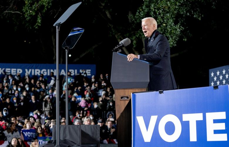President Joe Biden speaks at a campaign event for Terry McAuliffe, the Democratic candidate for governor, in Arlington, Va., Oct. 26, 2021. Although they had braced for a close race for Virginia governor, Democrats were caught off guard by the intensity of the backlash against their party in major off-year elections. (Stefani Reynolds /The New York Times) XNYT172 XNYT172