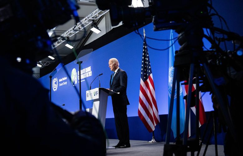 President Joe Biden addresses a news conference at the United Nations’ COP26 summit before leaving Glasgow, Scotland on Tuesday, Nov. 2, 2021. (Erin Schaff/The New York Times) XNYT190 XNYT190
