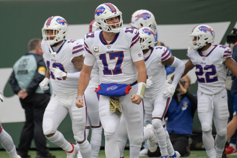 Buffalo Bills quarterback Josh Allen (17) reacts during the first