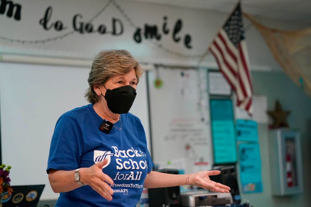 FILE – American Federation of Teachers President Randi Weingarten speaks to students at the New River Middle School, on Sept. 2, 2021, in Fort Lauderdale, Fla. School board races, once sleepy and localized, have become the new front in a culture war raging across the nation as resentments over COVID-19 restrictions and anti-racism curriculum reach a boiling point. (AP Photo/Lynne Sladky, File)