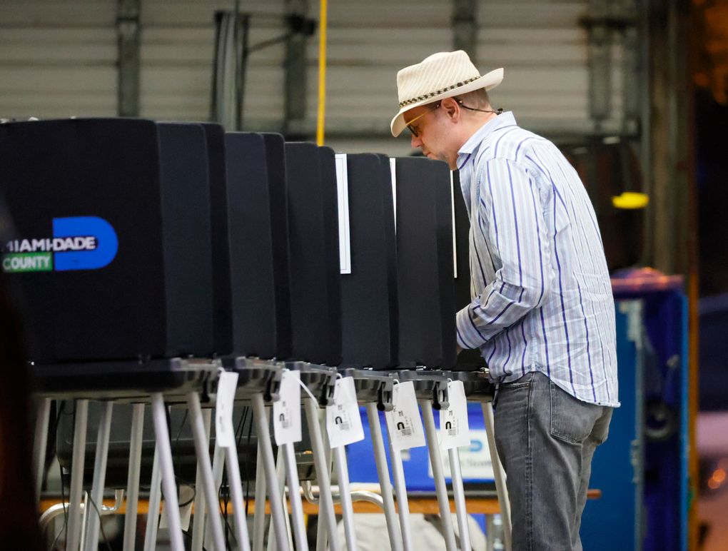 A voter cast his ballots during the Miami General Municipal and Special Elections in Miami-Dade County at Miami Beach Fire Department – Station 3 on Tuesday, Nov. 2, 2021 in Miami Beach, Fla. (David Santiago/Miami Herald via AP)