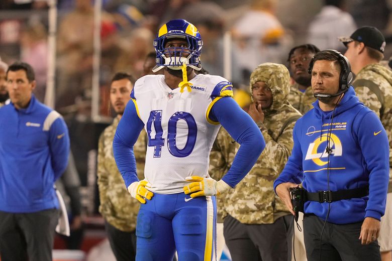 Jalen Ramsey of the Los Angeles Rams sits on the bench during a 31