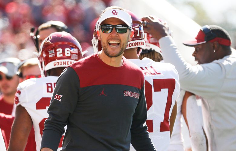 Oklahoma head coach Lincoln Riley questions the referees during first half of an NCAA college football game against Baylor in Waco, Texas, Saturday, Nov. 13, 2021. (AP Photo/Ray Carlin)