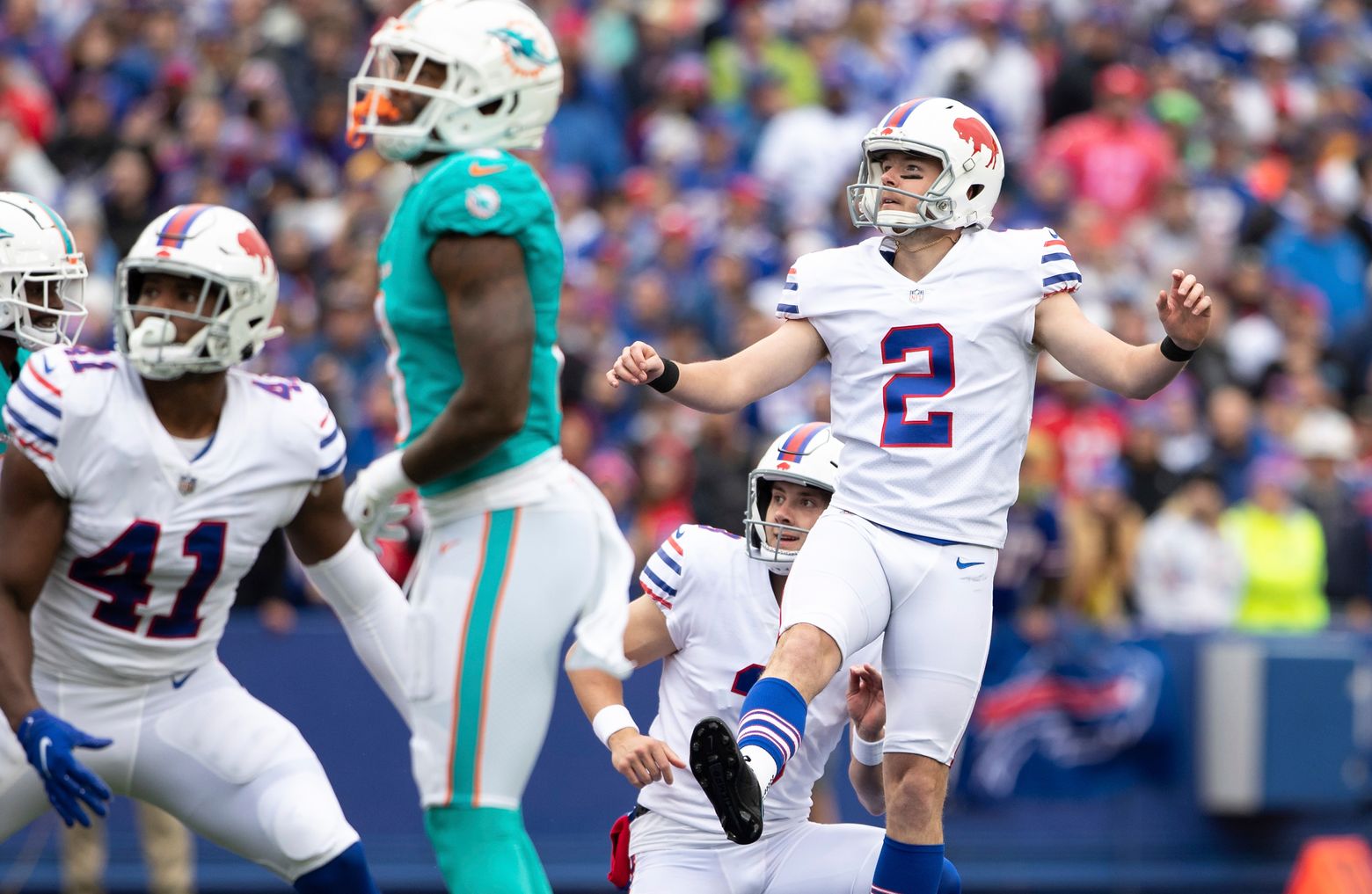 Buffalo Bills kicker Tyler Bass (2) warms up on the field before