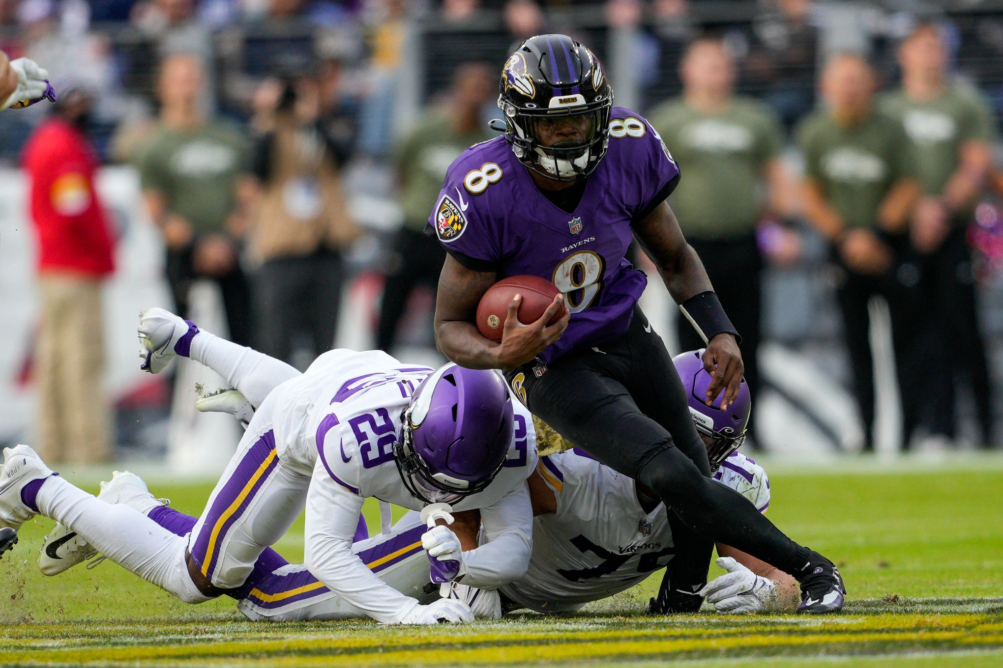 Baltimore Ravens guard Ben Cleveland (66) leaves the field on a