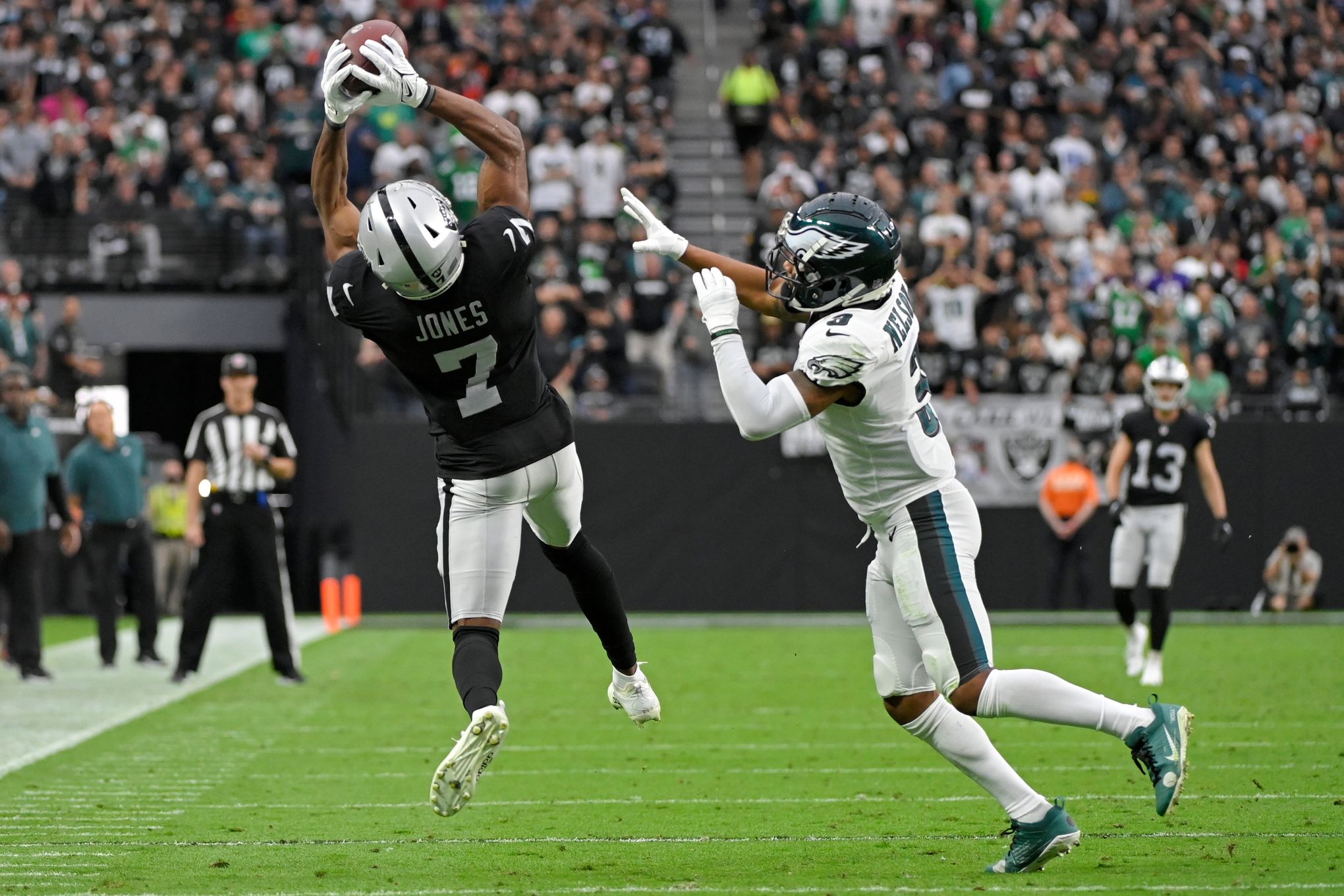 Wide receiver Zay Jones of the Las Vegas Raiders throws for a