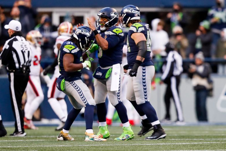 Quarterback Russell Wilson of the Seattle Seahawks celebrates