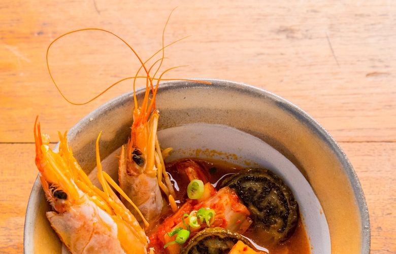 Kimchi-nigang by Chef Jonnah Ayala, served at the first Pylon International event that was held on Nov. 13. The dish was  a play on Kimchi Jjigae and Sinigang – kimchi tamarind soup, roasted Thai eggplant, red shrimp, tofu, with scallion.