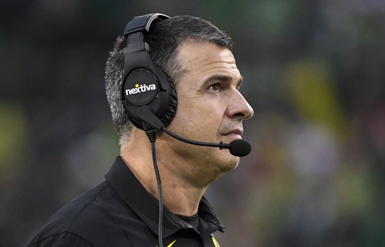 Oregon head coach Mario Cristobal watches his team during the fourth quarter of an NCAA college football game Saturday, Nov. 27, 2021, in Eugene, Ore. (AP Photo/Andy Nelson) ORAN119 ORAN119