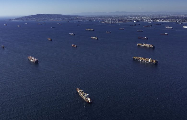 Container ships moored off the Los Angeles and Long Beach ports in Long Beach, California, U.S., on Saturday, Oct. 9, 2021. An unremitting shipping logjam in the waters outside of Los Angeles has already contributed to higher costs, delays and intermittent goods shortages across the U.S. Now, it could be to blame for California’s biggest oil spill in 27 years. Photographer: Tim Rue/Bloomberg