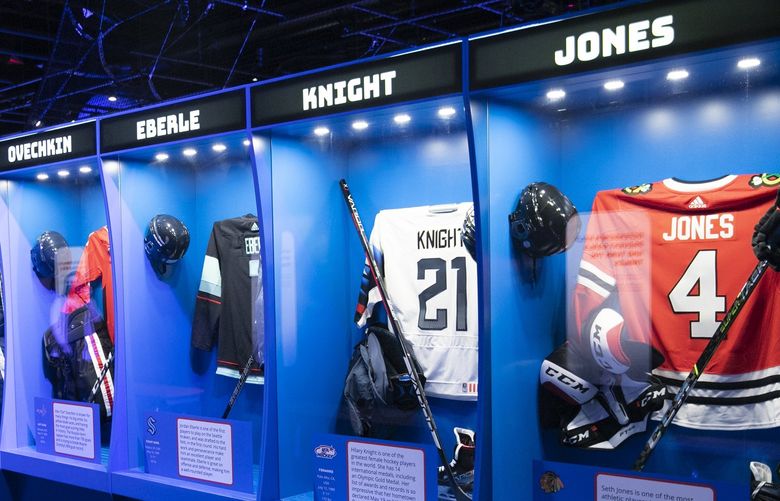 The uniforms of today’s hockey stars like Sidney Crosby, Seth Jones, Connor McDavid, Team USA women’s Olympic gold medalist Hilary Knight, and Seattle Kraken’s Jordan Eberle and Mark Giordano, are part of the “Hockey: Faster Than Ever” exhibit at Pacific Science Center.