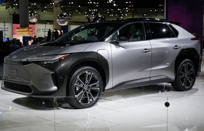 The 2023 Toyota bZ4X electric sports utility vehicle (SUV) at AutoMobility LA ahead of the Los Angeles Auto Show in Los Angeles, California, U.S., on Wednesday, Nov. 17, 2021. Covid-19 canceled the Los Angeles Auto Show in 2020 and now that the show is back, some automakers have decided they didn’t need it anyway. Photographer: Bing Guan/Bloomberg