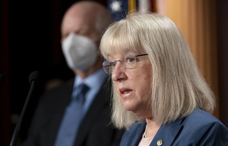 Sen. Patty Murray, D-Wash., speaks during a news conference following the Senate policy luncheon on Capitol Hill in Washington, Tuesday, March 23, 2021. (Erin Scott/Pool via AP)