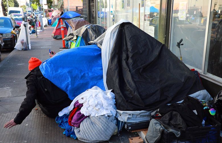 Homeless tents in the Tenderloin neighborhood of San Francisco on Friday, Dec. 17, 2021, the day San Francisco Mayor London Breed declared a state of emergency in the Tenderloin neighborhood, one of the most crime-ridden and drug infested parts of the city. (Jim Wilson/The New York Times)