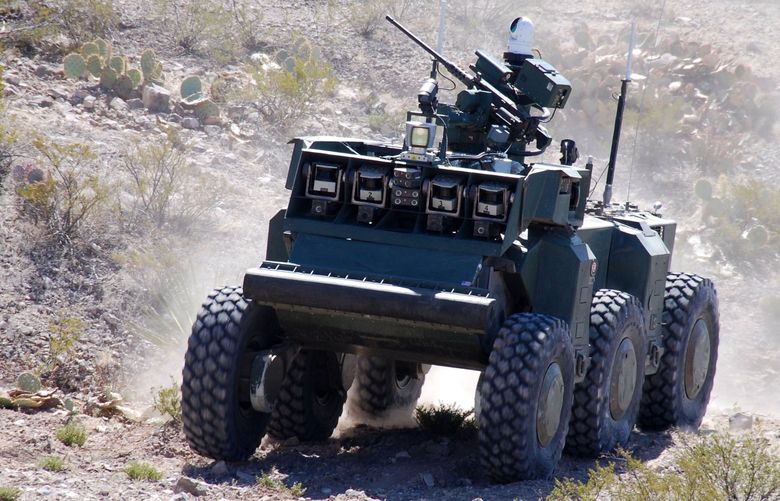 A photo provided by Defense Advanced Research Projects Agency/Carnegie Mellon of a combat robotic vehicle at the White Sands Missile Range in New Mexico, in 2008. A UN conference made little headway this week on limiting development and use of killer robots, prompting stepped-up calls to outlaw such weapons with a new treaty. (Defense Advanced Research Projects Agency/Carnegie Mellon via The New York Times)  — NO SALES; FOR EDITORIAL USE ONLY WITH NYT STORY UN KILLER ROBOTS BY ADAM SATARIANO and NICK CUMMING-BRUCE and RICK GLADSTONE FOR DEC. 17, 2021. ALL OTHER USE PROHIBITED.