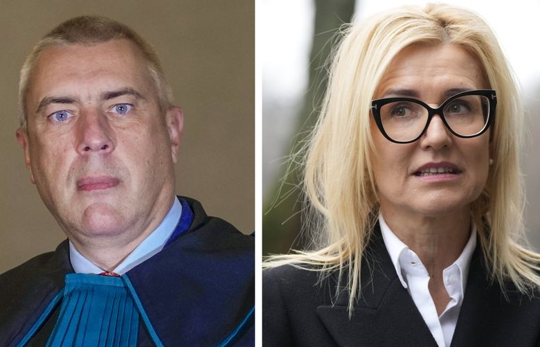 In this two-picture combo, Polish lawyer Roman Giertych, left, poses for a portrait in Rome, and Polish prosecutor Ewa Wrzosek, right, is photographed in Warsaw, on Thursday, Dec. 16, 2021. The hacking of their phones are the first two confirmed cases of Pegasus military grade spyware being used against targets in Poland, where an illiberal government is eroding democratic norms. (AP Photo/Andrew Medichini, left, Czarek Czarek Sokolowski) LON101 LON101