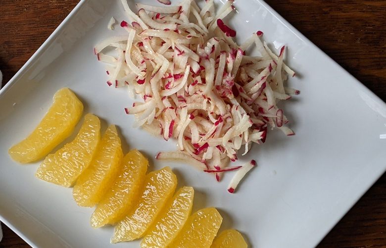 The orange and radish salad is elegant and simple. Shredded radishes are drizzled with sweetened lemon juice and paired with supremed orange slices.