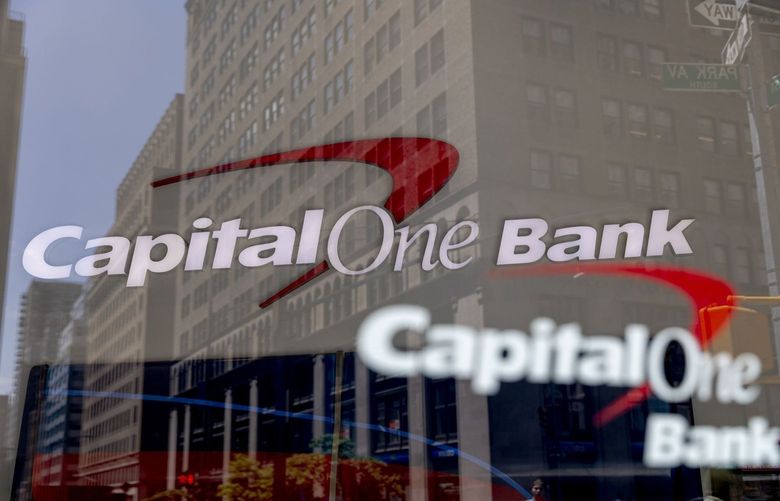 Capital One Financial Corp. signage is displayed outside a bank branch in New York, U.S., on Saturday, July 13, 2019. Capital One Financial Corp. is scheduled to release earnings figures on July 18.
