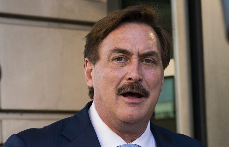 MyPillow chief executive Mike Lindell, speaks to reporters outside federal court in Washington, Thursday, June 24, 2021. A federal judge on Thursday appeared skeptical of arguments to dismiss a defamation lawsuit filed by Dominion Voting Systems over baseless 2020 election claims made by Trump allies Sidney Powell, Rudy Giuliani and Lindell. (AP Photo/Manuel Balce Ceneta)