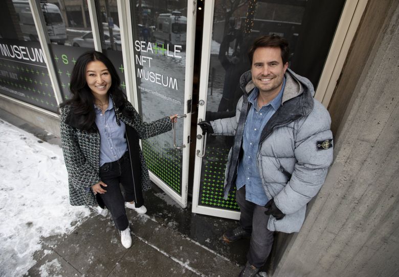 Jennifer Wong and Peter Hamilton, founders of the Seattle NFT Museum, are opening the new space at 2125 First Ave. dedicated to non-fungible token digital art and the NFT community. Doors will open to the public Jan. 14. (Ken Lambert / The Seattle Times)